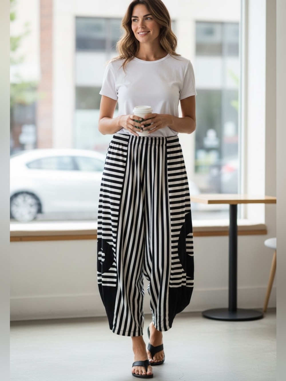 IC Collection Black And White Balloon Leg Pull On Pants Size Medium
